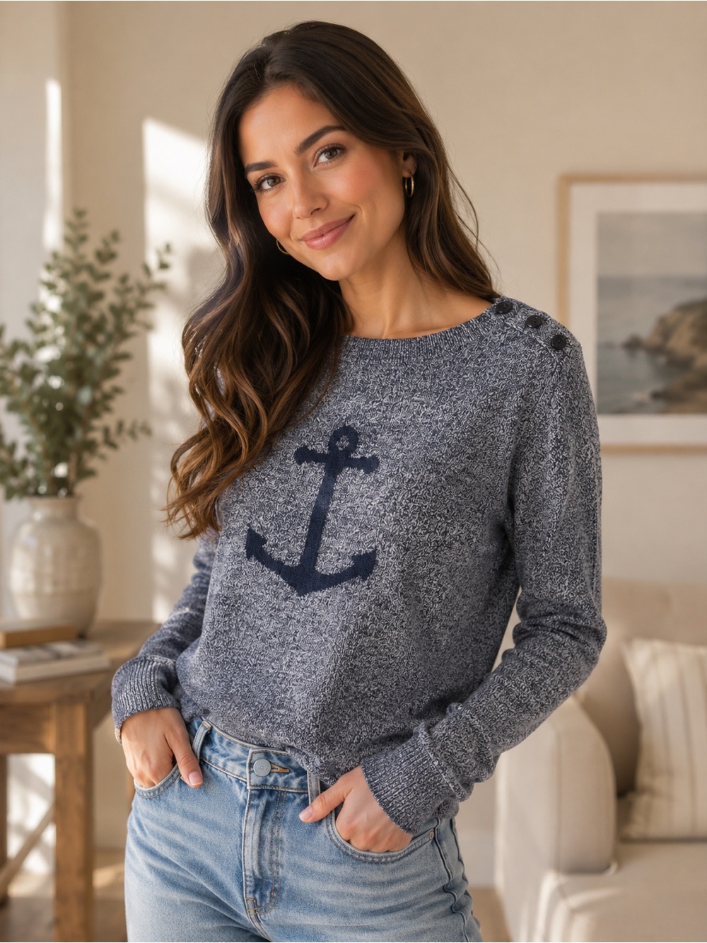 Nautica Navy and Heather Gray Anchor Crewneck Sweater